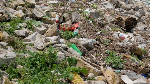 Plastic pollution on shore of the dam lake in Mexico Stock Footage 128941442