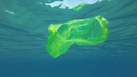 Plastic pollution, Slow motion, Yellow plastic bag swim underwater and reflectin Stock Footage 197020558