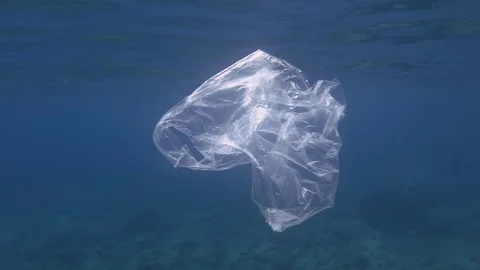 Plastic pollution, Transparent plastic bag in blue water. Discarded plastic bag Stock Footage 114766702