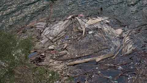 Plastic pollution trash in ocean with different kinds of garbage - plastic Stock Footage 290267577