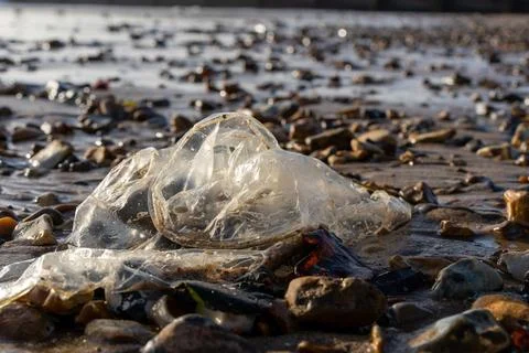 Plastic Pollution Washed Up On Beach Stock Photos