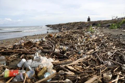 Plastic polution washes up at the mouth of the Aceh River on World Environment D Stock Photos
