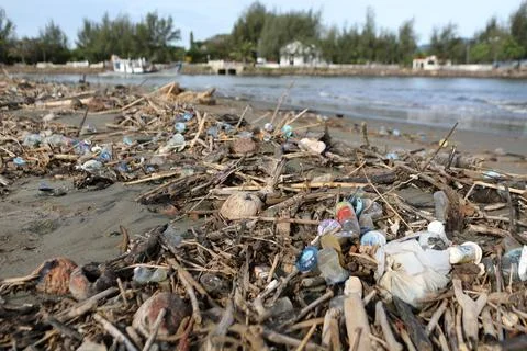 Plastic polution washes up at the mouth of the Aceh River on World Environment D Stock Photos