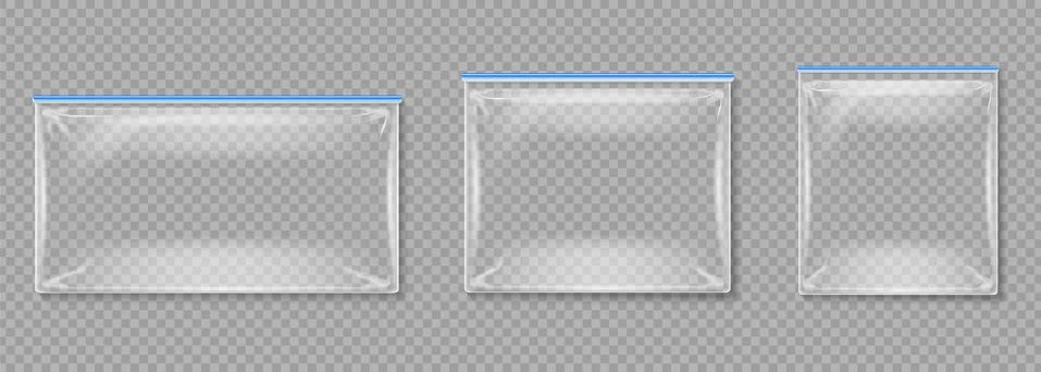 Plastic pouches. Isolated transparent empty folders with zippers. Polyethylene Stock Illustration