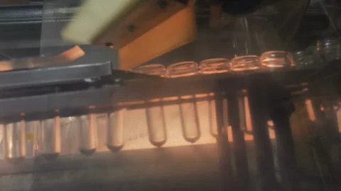 Plastic preform bottles move through the machine for blowing Stock Footage 98718761