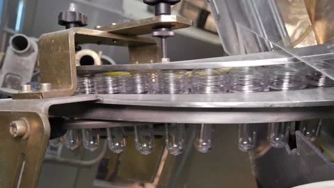 Plastic preform bottles move through the machine for blowing Stock Footage 98719875