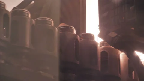 Plastic preform bottles move through the machine for blowing Stock Footage 98723510