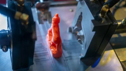 Plastic Press Machine Making a Red Orange Howling Wolf Toy at Brookfield Zo.. Stock Photos