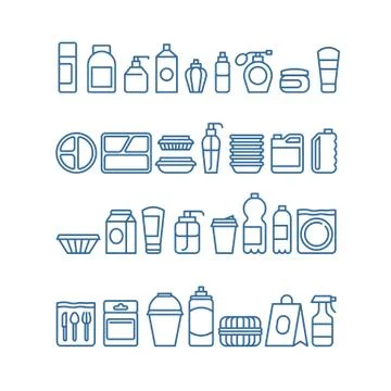 Plastic product package, disposable tableware, food containers, cups and plates Stock Illustration