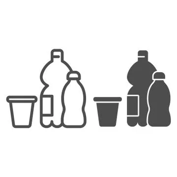 Plastic products line and solid icon. Cup and two bottles. Zero waste design Stock Illustration