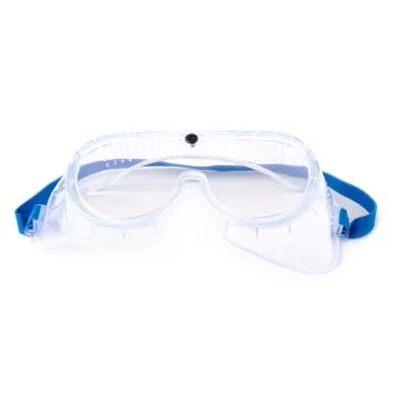 Plastic protective work glasses with ruber band isolated over white background Stock Photos
