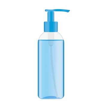 Plastic pump bottle with a blue liquid inside. Dispenser bottle Illustrazione stock