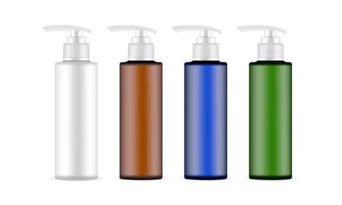 Plastic Pump Bottles, White, Amber, Blue, Green, Isolated in White Background Stock Illustration