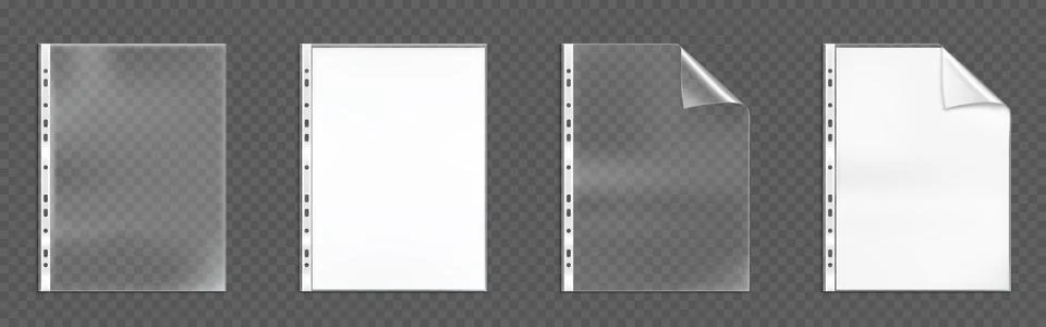Plastic punched pockets, empty folders mock up set Stock Illustration