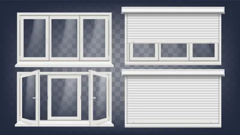 Plastic PVC Window Vector. Roller Blind. Opened And Closed. Front View. Home Stock Illustration