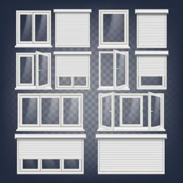 Plastic PVC Windows Set Vector. Different Types. Roller Blind. Opened And Closed Ilustración de archivo