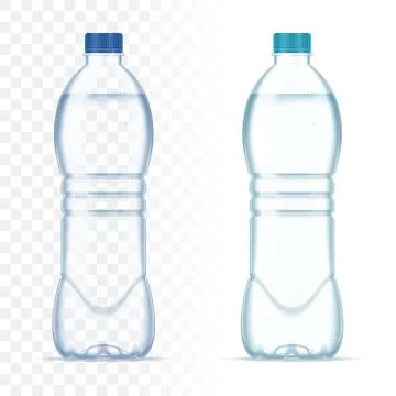 Plastic realistic vector bottles with water and blue cap on transparent Illustrazione stock