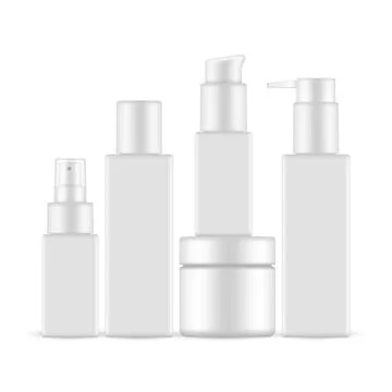 Plastic Rectangular Cosmetic Bottles Set, Pump, Spray and Jar Stock Illustration