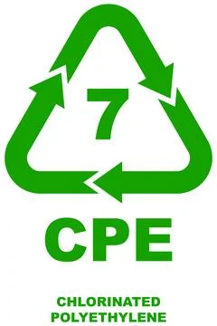 Plastic recycling code 7 for CPE, bold green triangular recycling symbol. Stock Illustration