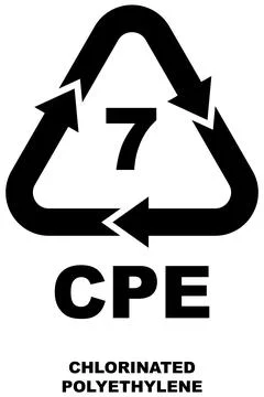 Plastic recycling code 7 icon, black bold triangle with arrows and letters CPE. Stock Illustration