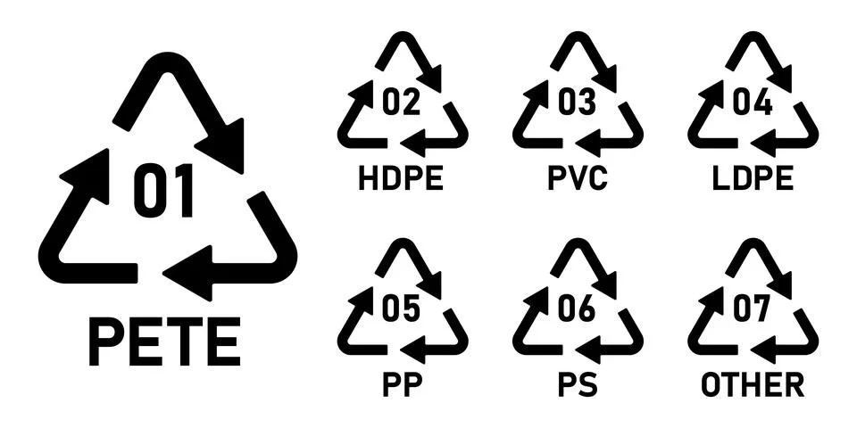 Plastic recycling code symbol icon PETE, HDPE, PVC, LDPE, PP, PS, OTHER. 스톡 일러스트
