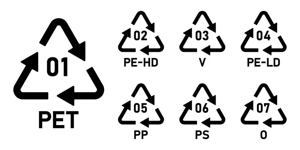 Plastic recycling code symbol icon PET, PE-HD, V, PE-LD, PP, PS, O. 스톡 일러스트