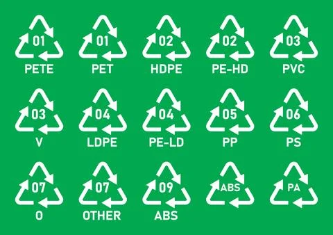 Plastic recycling code symbol icons isolated on green background. Stock Illustration