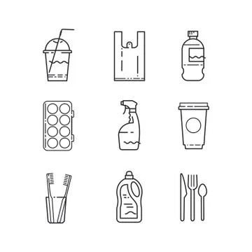 Plastic recycling items simple line icon set. Stock Illustration