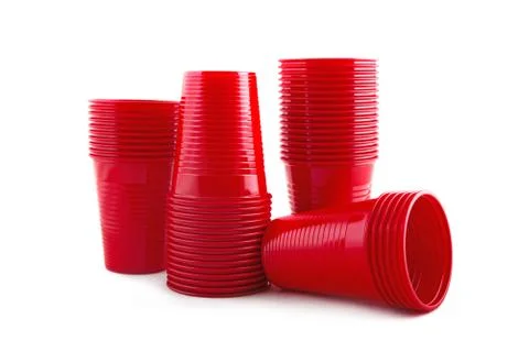 Plastic red cups stack on white background 库存照片