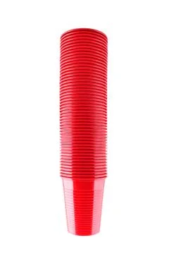 Plastic red cups stack on white background 库存照片