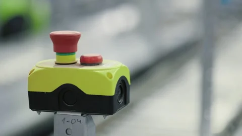Plastic Red Stop Button, Hand Reset Emergency Signal. Profuction Machine Stock Footage 244580201