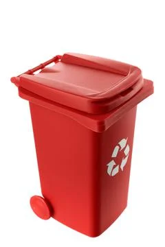 Plastic red trash can isolated on white background Stock Photos
