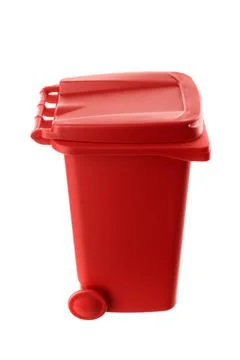 Plastic red trash can isolated on white background Stock Photos