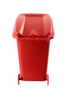 Plastic red trash can isolated on white background Stock Photos