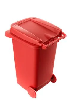 Plastic red trash can isolated on white background Stock Photos