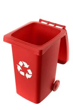 Plastic red trash can isolated on white background Stock Photos