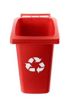 Plastic red trash can isolated on white background Stock Photos
