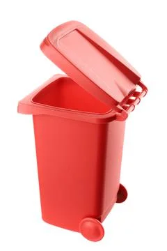 Plastic red trash can isolated on white background Stock Photos