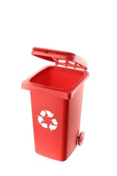 Plastic red trash can isolated on white background Stock Photos