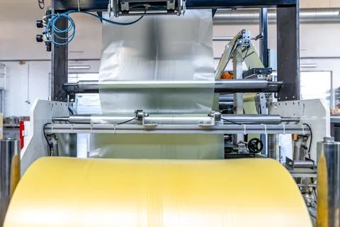 Plastic roll on a machine for the production of plastic bags Stock Photos