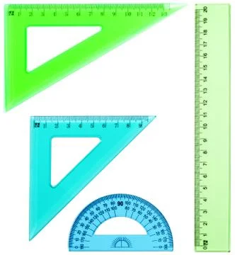 Plastic ruler, protractor, triangle, isolated on white background Stock Photos