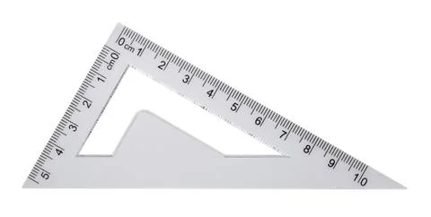Plastic ruler, protractor triangle isolated on white background Stockfoto's