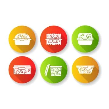 Plastic salad containers flat design long shadow glyph icons set. Reusable food Stock Illustration