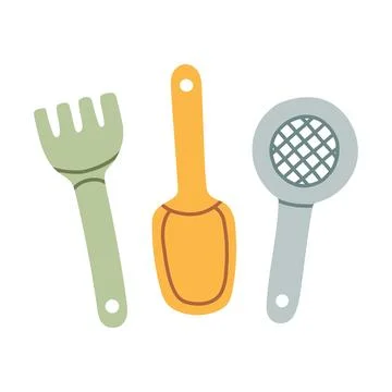 Plastic sand toys set with rake shovel and sieve vector illustration. Summer Stock Illustration