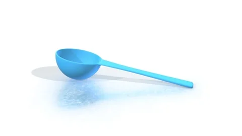 Plastic Scoop Spoon on a White Reflective Floor. Measuring Spoon 3D Animation. Vidéo 296625025