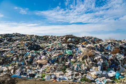 Plastic scrap in landfill, environmental problems pollution, waste or trash Stock Photos