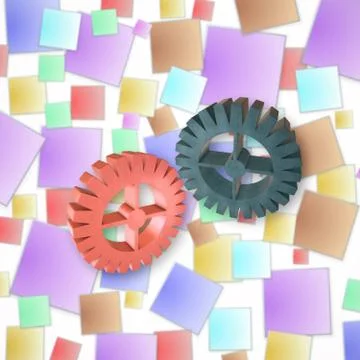 Plastic set of gears on color background. 3D illustration. Stock Illustration