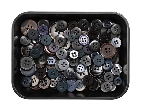 Plastic sew-through buttons, flat buttons with holes, in black plastic dish Stock Photos