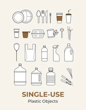 Plastic single-use objects. Vector illustration set of recycling plastic item Stock Illustration