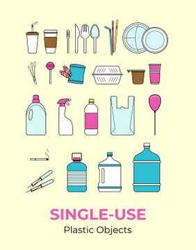 Plastic single-use objects. Vector illustration set of recycling plastic item Stock Illustration